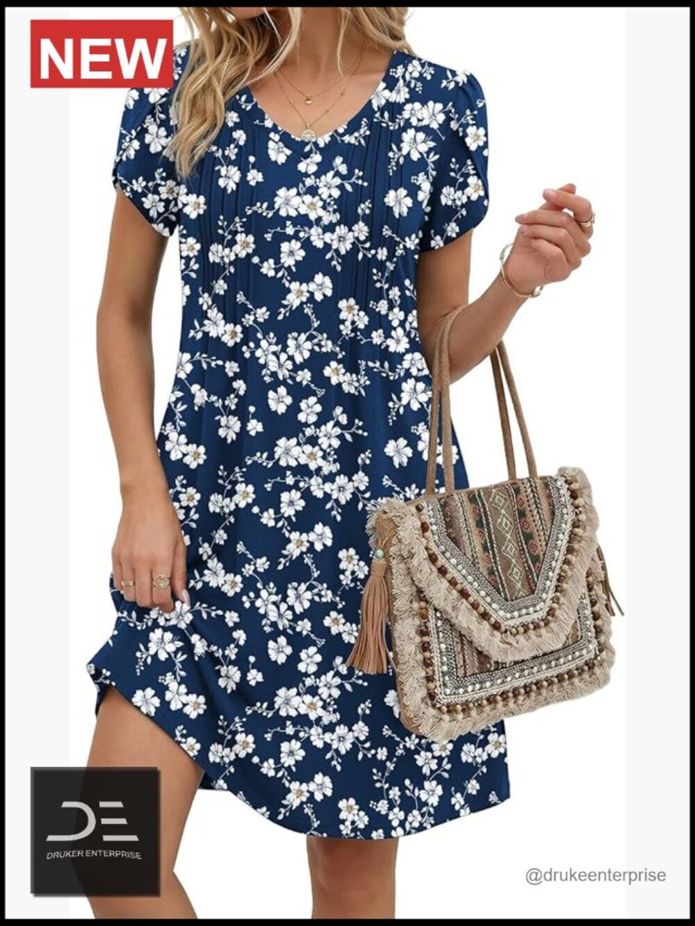 Casual A-Line V-Neck Short Sleeveless Dress with Pleated Front